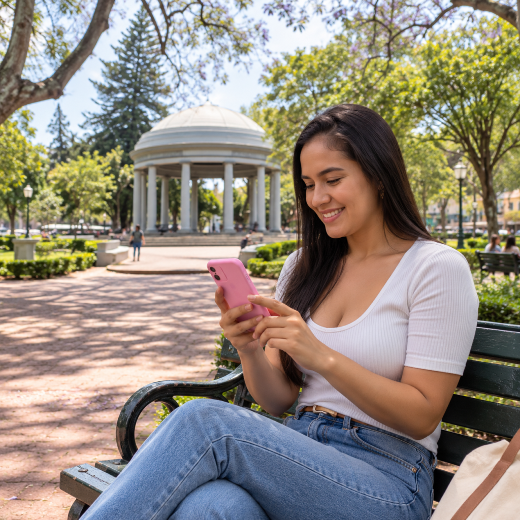 Mujer utilizando su teléfono móvil en el Parque Morazán, San José, para realizar compras en línea.